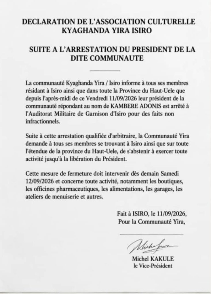 ISIRO : La communauté Yira annonce une ville morte après l’arrestation de son président